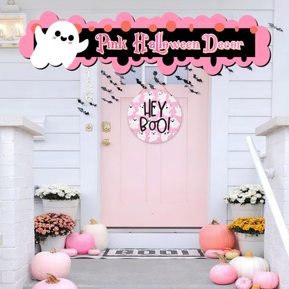 Frugtfrit Pink Halloween Hey Boo Door Decor, 3D Pink Ghost Wood Welcome Sign for Front Porch, Halloween Wreath for Little Boo Baby Shower, Playhouse