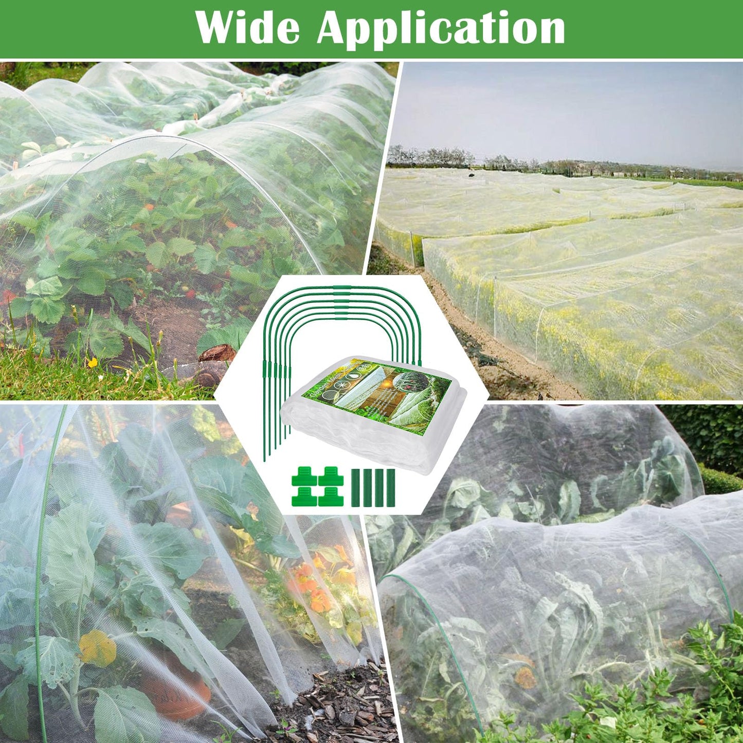 Unves 67 Pcs Garden Netting Kit, 10x25 Ft Ultra Mosquito Bird Netting with 6 Hoops & 12 Clips, Fruit Tree Netting for Patio Raised Beds Vegetable Flowers Protection Barrier Plant Covers Net