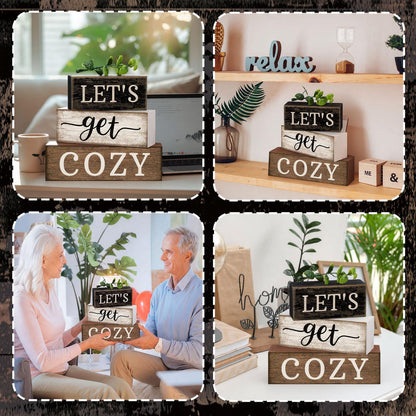 Moucuny 4 Pcs Farmhouse Table Decor Inspirational Wooden Signs Rustic Eucalyptus Leaves Wooden Block Sign Gift Let's Get Cozy Farmhouse Table Centerpiece for Living Room Housewarming Gift