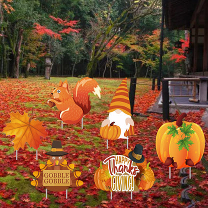 Thanksgiving Yard Signs Stakes - 6PCS Fall Outdoor Decorations - Maple, Squirrel, Turkey, Gnome, Pumpkin Corrugated Lawn Signs for Outside