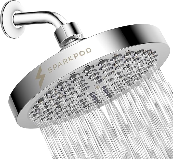 SparkPod Rain Shower Head, 6 Inch Round | High Pressure Shower Heads, 90 Nozzle (Touch-to-Clean), Adjustable Showerhead, No-tool Universal Connection
