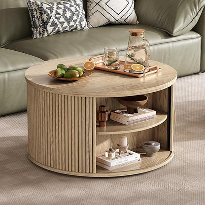 Round Lift Top Coffee Table, 31.5” Mid Century Modern Center Table with Hidden Storage, Fluted Circle Coffee Tables for Living Room, Home Office, Oak