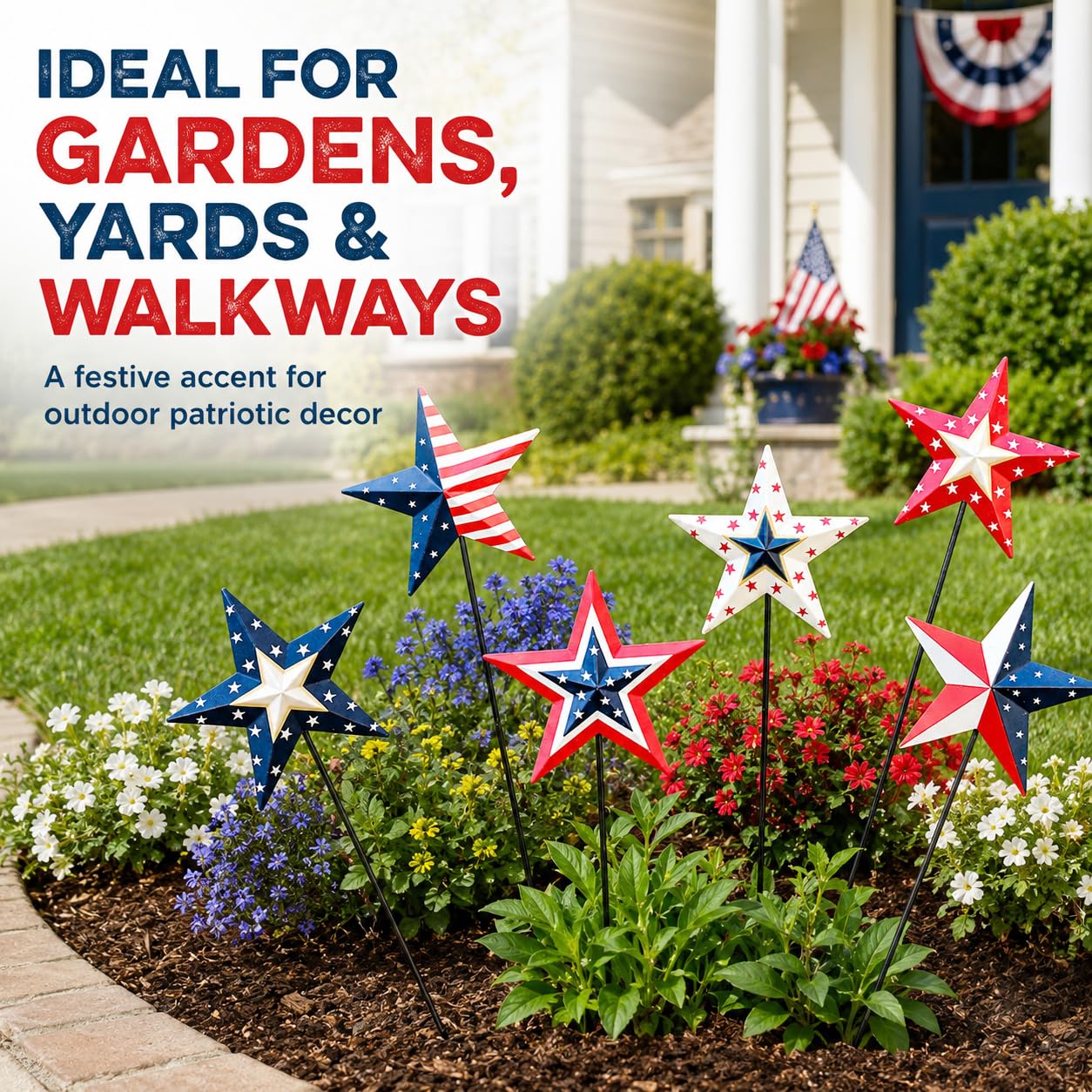WKHOMEDECO 4th of July Decorations Outdoor 19" Metal Barn Star 6-Pack, Patriotic Outdoor Decorations, Rustic Iron Decorative Garden Stakes with American Flag Stars for Yard Patio Lawn