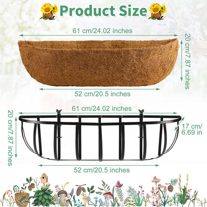 Tessco for you 6 Pieces Railing Planter Boxes, 24 Inches Window Box Planters with Coco Liner and Adjustable Brackets for Deck Porch Fence Patio Balcony Gardening Outdoor Plants
