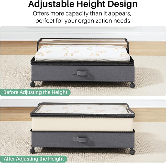 Kitstorack 2Pack Height-adjustable Under Bed Storage with Wheels, Under Bed Storage Containers,Under Bed Shoe Storage Organizer with Clear Window&Label, Suitable for Clothes Storage, Beige & Gray