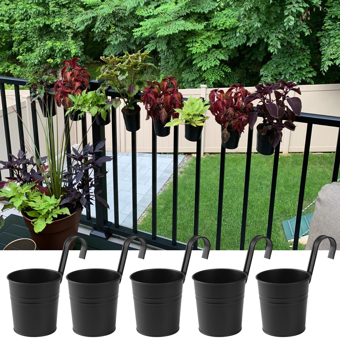 Biugaaufai 20 Pack 4 Inch Railing Hanging Planter, Black Small Hanging Bucket Planters, Metal Hanging Flower Pots, Metal Railing Bucket for Outdoor, Balcony, Fence, and Porch with Detachable Handles