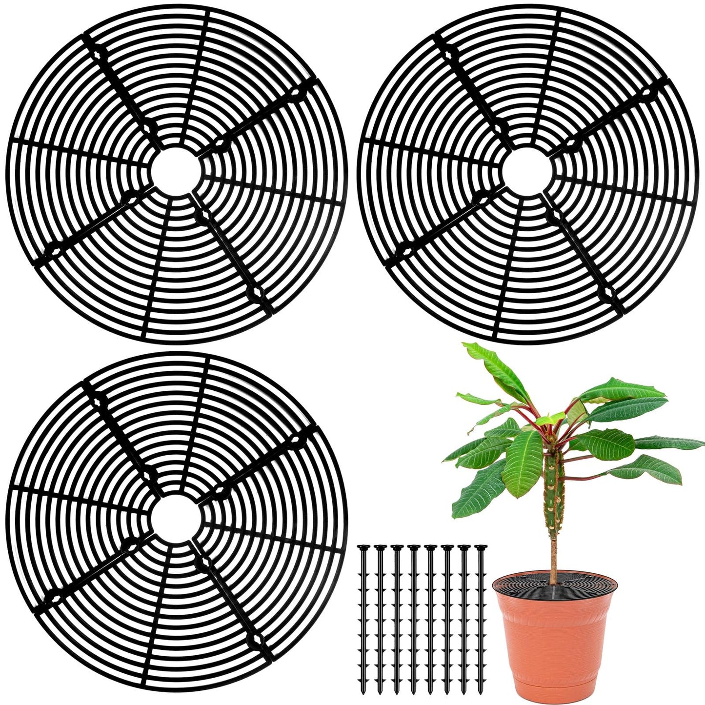 Sawysine 3 Pcs Plant Pot Cover Plant Protector from Animal Flower Pot Grid with Center Cutout Flower Cover Soil Protectors(Black,11.8 in)