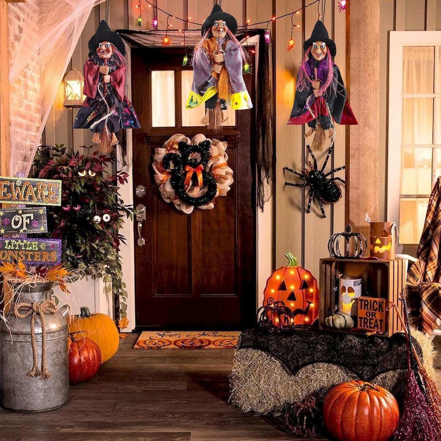 Gawertoy Halloween Witch Ornaments 3 PCS, 8" Flying Witch Figures on Broomsticks, Haunted House Hanging Props