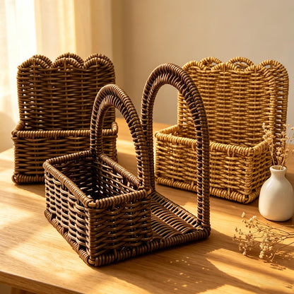Plastic Rattan Napkin Holder with Salt and Pepper Shakers Holder for Table, Kitchen countertop Organizer - Multi-Functional Storage(Without Salt, Pepper Shakers & Napkins)