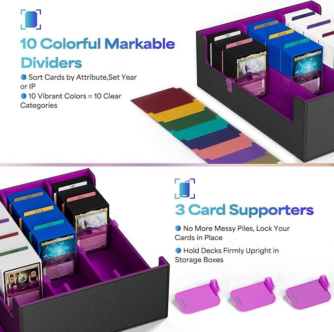 UAONO Trading Card Storage Box, Holds 1800 Sleeved Cards with 10 Dividers & 3 Stoppers, Magnetic Closure PU Leather Card Case for MTG, PTCG, YGO, Sports Cards (Black&Purple)