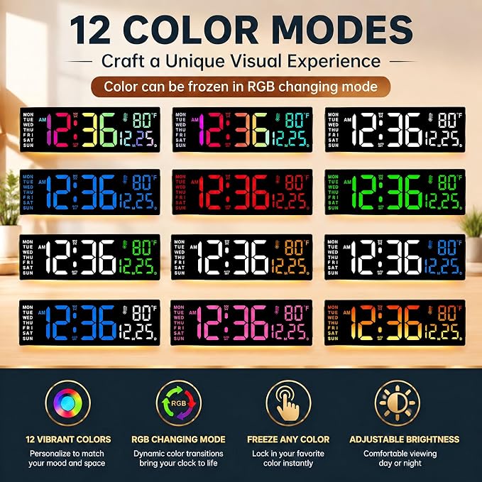 Soobest 14.2" Digital Wall Clock with Bluetooth Auto Time, Date Sync, LED Large Display with Remote Control, Gym Countdown Timer & 12 RGB Colors for Classroom, Temp, Nightlight for Seniors