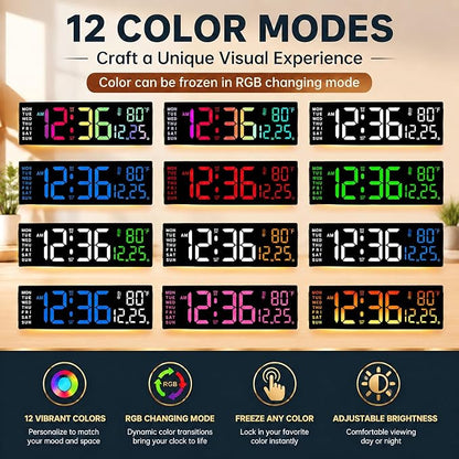 Soobest 14.2" Digital Wall Clock with Bluetooth Auto Time, Date Sync, LED Large Display with Remote Control, Gym Countdown Timer & 12 RGB Colors for Classroom, Temp, Nightlight for Seniors