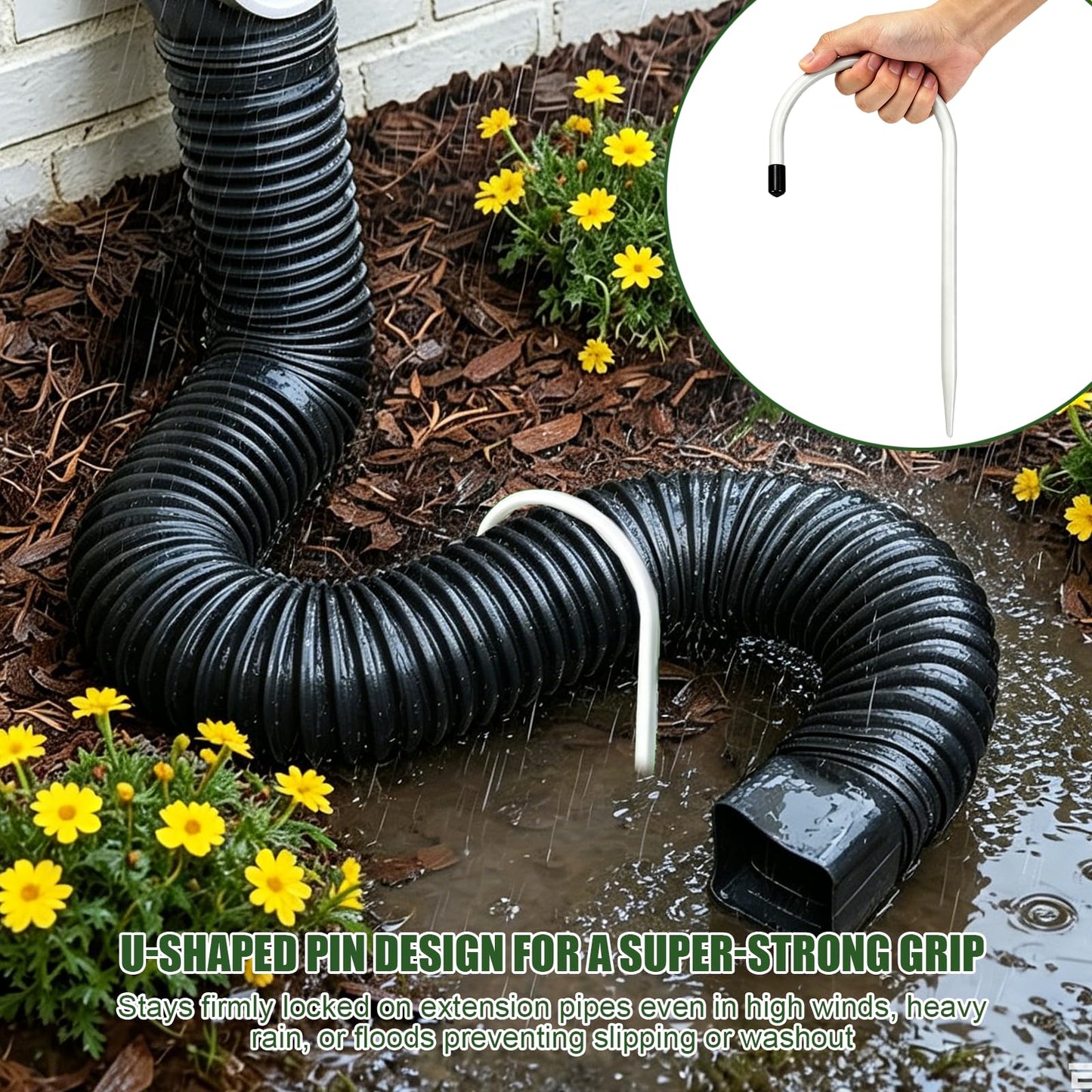Chiliqi 4 Pack Rain Gutter Downspout Extension Fixing Pin, U-Shape Downspout Anchor Stake Fit 4" Round Downspout Extensions, Easy to Install for Efficient Rainwater Management (White-4 Pack)