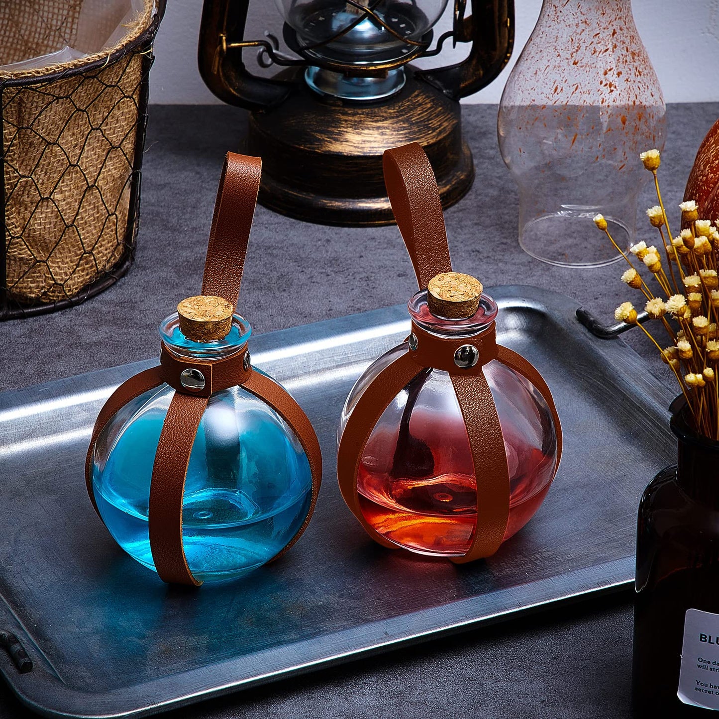 Patelai 6 Pcs Halloween Glass Potion Bottles with Belt Cork Renaissance Witch Costume Accessories Witch Props Potion Bottle for Halloween Party Decor Cosplay DIY Crafts Gift (Brown)