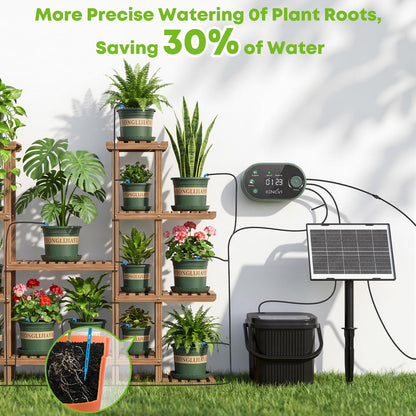 Solar Drip Irrigation System Kit, Auto Watering Kit for 15 Pots, 3W Solar Powered Auto Easy DIY Watering Device,22 Timing Modes with with Anti-Siphoning Device & Buckets and Flower Pots