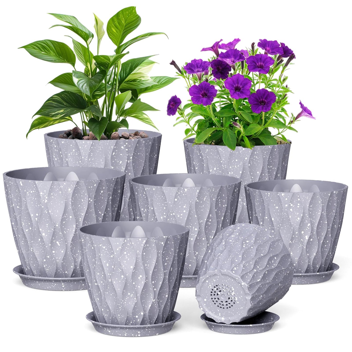 Meowell 7/6.5/6/5.5/5/4.5/4 inch Plant Pots for Indoor Outdoor Plants, 7 Pack Thick Flower Pots with Drainage Holes and Saucers, Modern Wave Texture Plastic Planters Nursery Pots, Speckled Grey