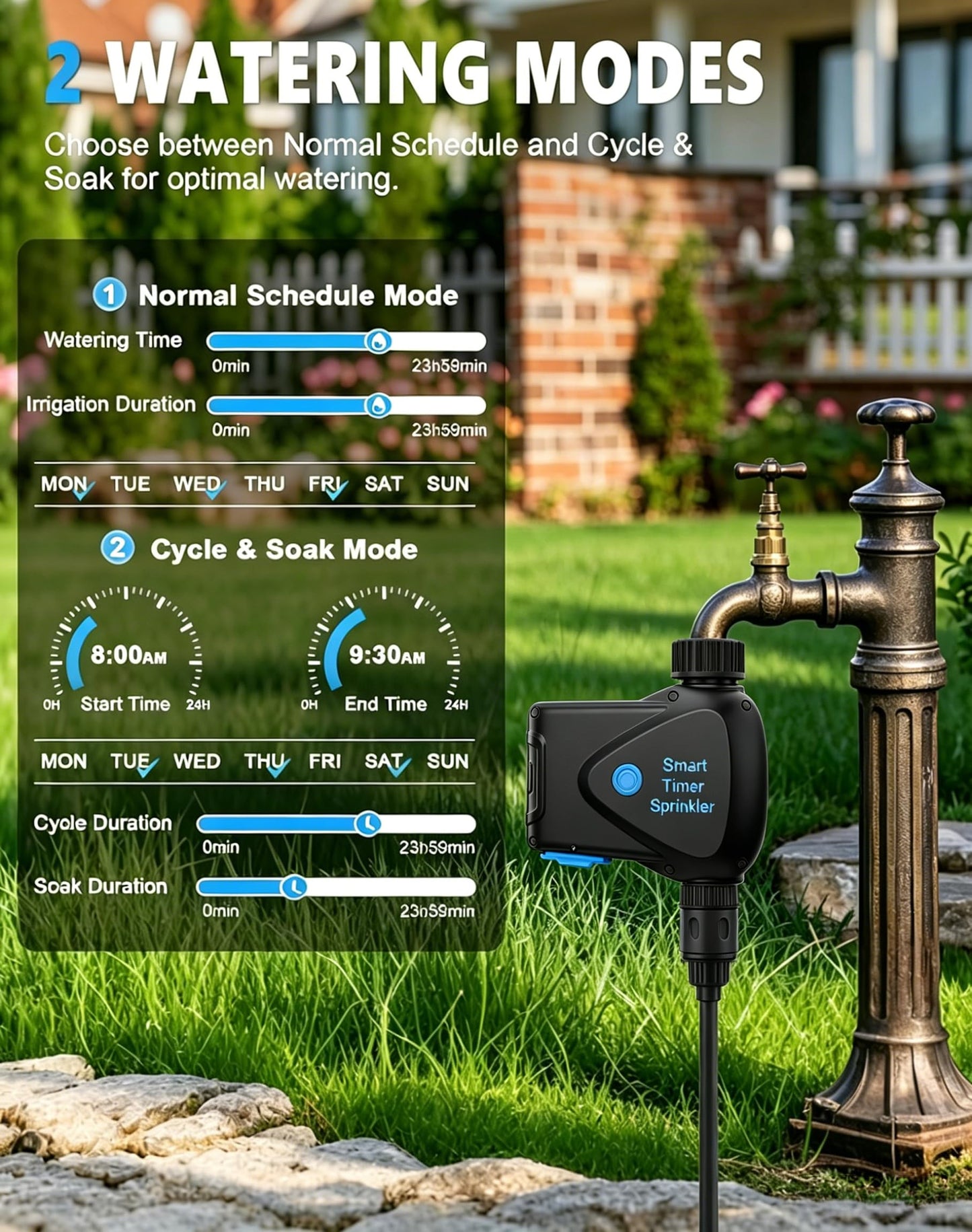 WiFi Water Timer for Garden Hose, No Hub Required, Sprinkler Controller with Built-in Flow Meter, App & Alexa Google Voice Control, IP65 Waterproof Wireless Irrigation for Lawn Greenhouse