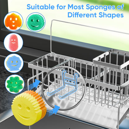 Adurei Sponge Holder for Kitchen Sink 304 Stainless Steel Self-Draining Sink Caddy with Smiley Face Sponge and Brush Holder Towel Bar and Divider Kitchen Gadgets Organizer for Countertop, Silver