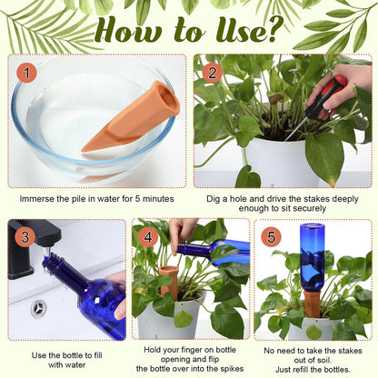 SiliFine 6 Sets Plant Watering Devices Include Terracotta Self Watering Spikes and 26 oz Plastic Bottles, Slow Release Vacation Insert Automatic Plant Waterer Device (Dark Blue and Terracotta)