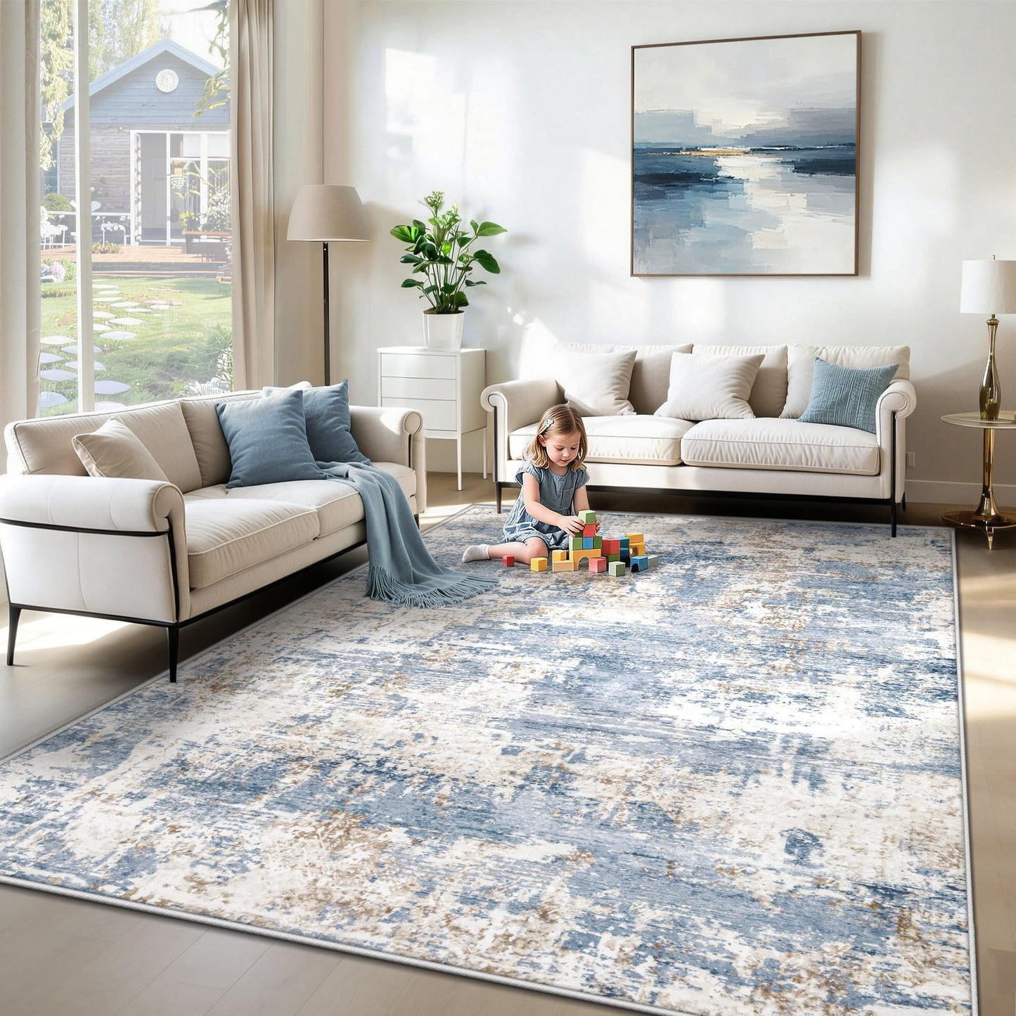 XLUEZ 6x9 Area Rugs for Living Room, Washable Modern Abstract Large Area Rug Neutral Soft Non Slip Kids Rug Stain Resistant Indoor Carpet for Bedroom Nursery Dining Room Playroom(Blue, 6'x9')