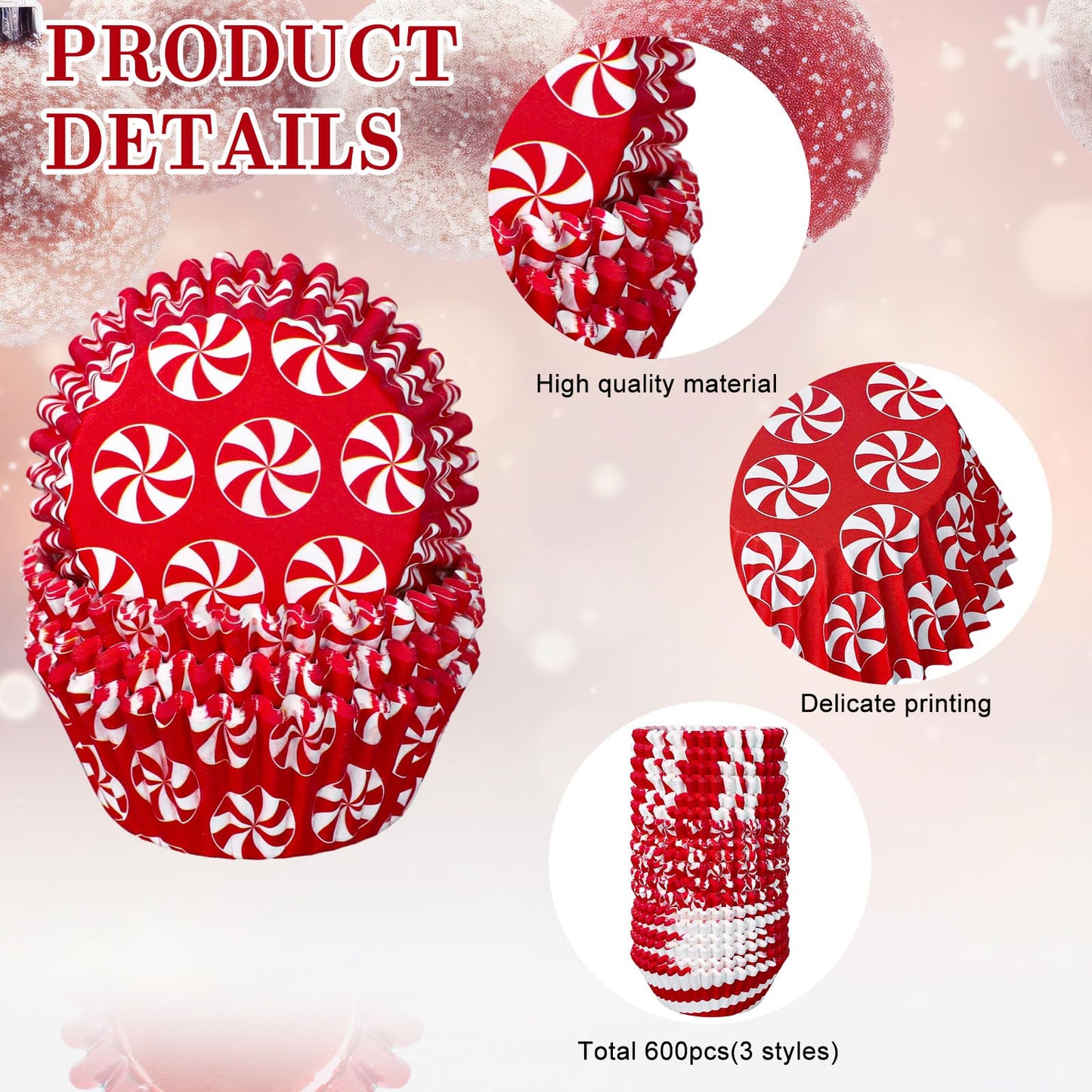 Whaline 600Pcs Christmas Candy Cupcake Liners Peppermint Baking Cups Holders Candy Cane Cupcake Wrappers Red White Candy Muffin Liners for Xmas Holiday Birthday Party Candy Make Baking Supplies