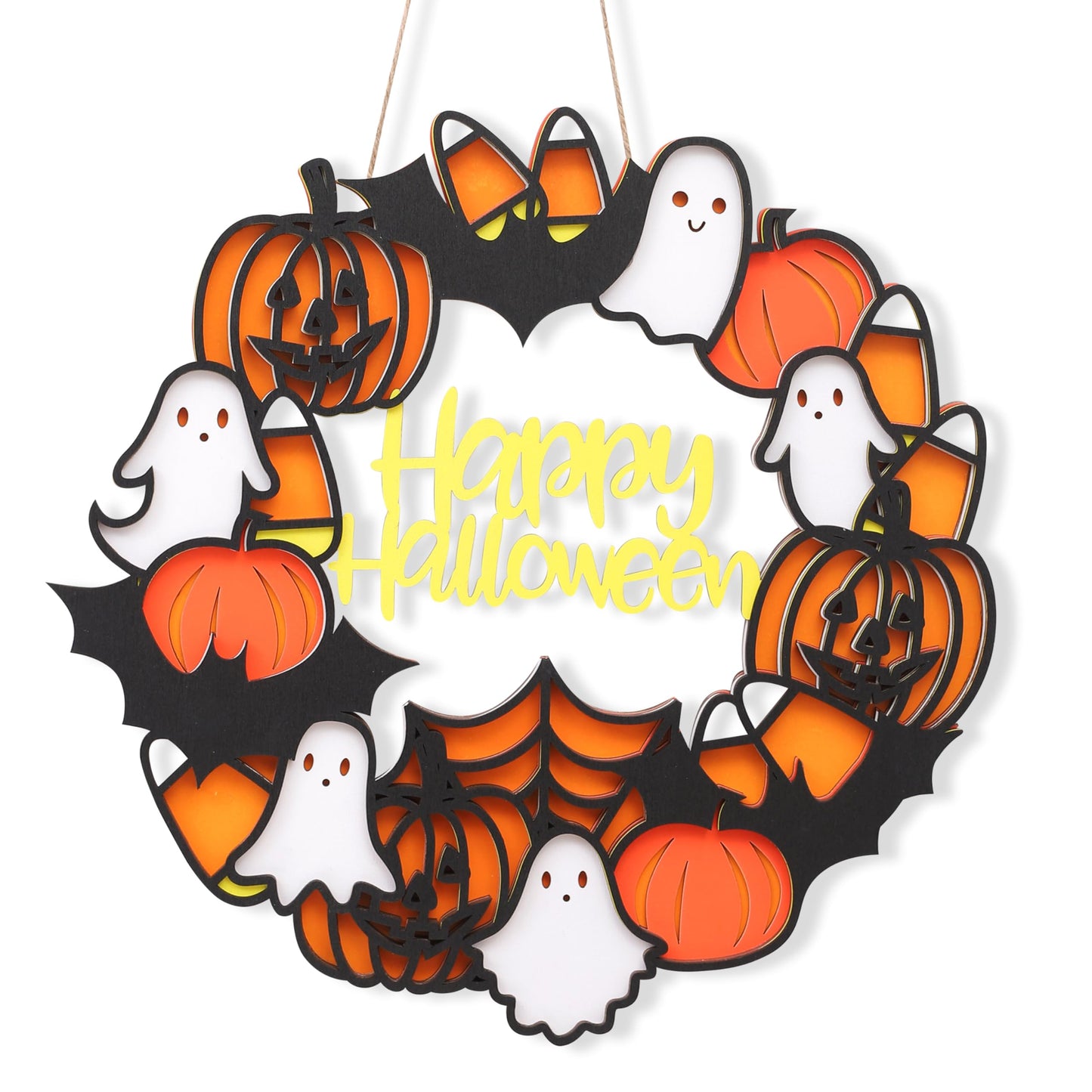 Happy Halloween Wooden Hanging Sign - Halloween Party Decorations, Halloween Ghost Sign, Bat Ghost Pumpkin Wreath, Halloween Garland, Wooden Wreath Wall Hanging Decor(HALLOWEEN SIGN)