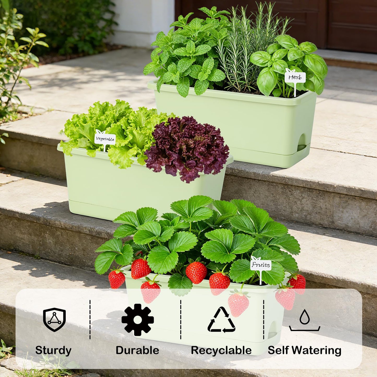 Oliz Window Box Planter 6 Packs, 13.8 Inches Rectangle Flower Pots with Drainage Holes & Trays, Pots for Vegetables, Herbs, Flowers, Garden Windowsill Balcony (Green)