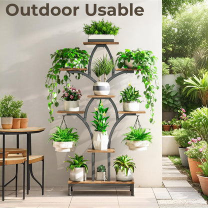NEHAJUNXI Plant Stand Indoor with 4 Grow Lights - 63" Tall Plant Shelf- 8 Tiered Corner Plant Flower Stands Display Shelves for Home, Patio (Brown)