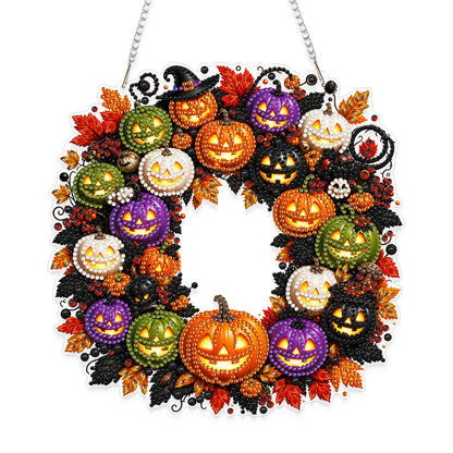 Yunzlly DIY Hanging Halloween Diamond Art Pendant Kit, Special Crystal Pumpkin Diamonds Painting Ornament Kit for Adults Acrylic Board Gem Painting Kit (Pumpkin Wreath)