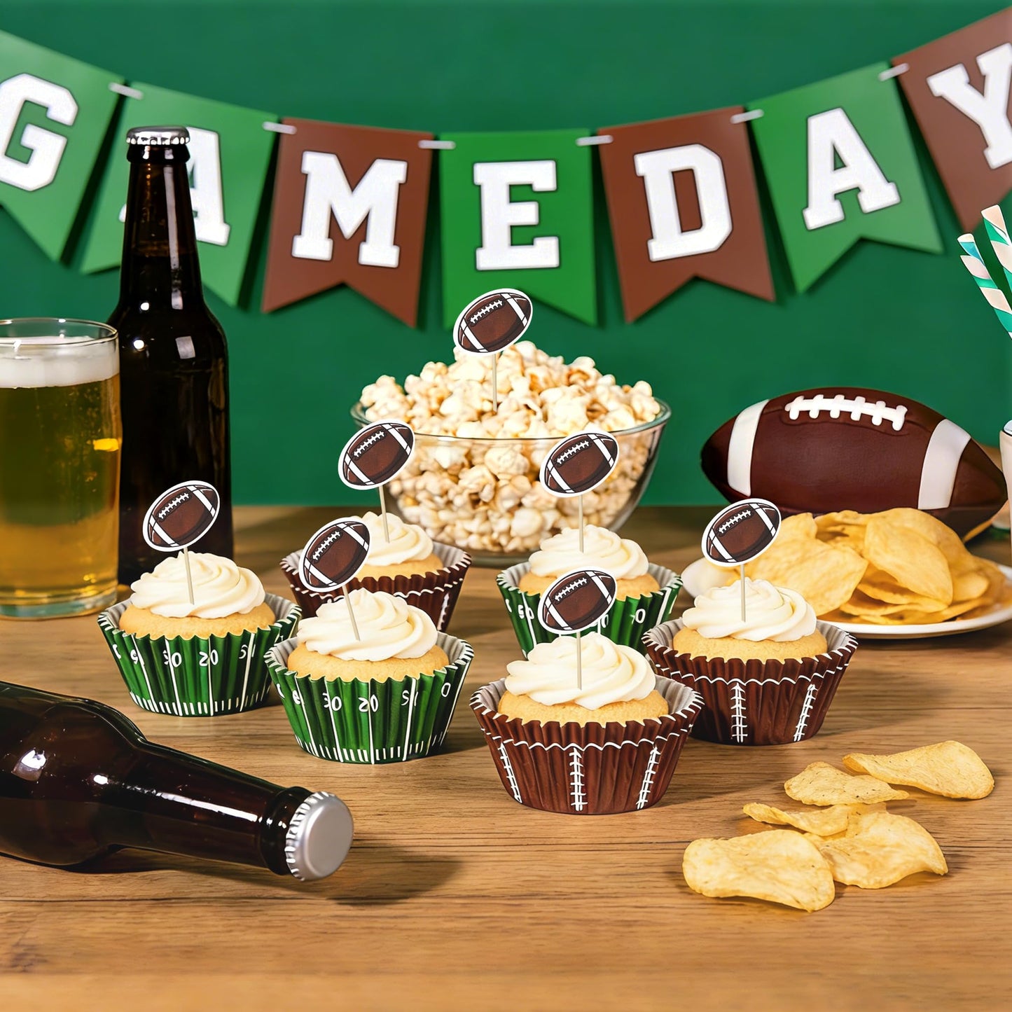 Glavatrix Football Cupcake Liners and Toppers, 200PCS Touch Down & Football Pattern Baking Cups Muffin Wrappers with 36PCS Cupcake Picks for Sports Game Day Baby Shower Birthday Party Cake Decorations