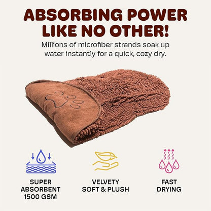 Dog Gone Smart The Dirty Dog Shammy - Fast Drying Plush Shammy Towel with Dual Hand Pockets and Elastic - Super Absorbent Polyamide Microfiber & Machine Washable - Brown, X-Large