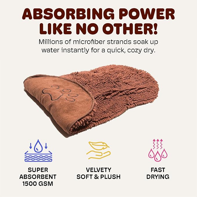 Dog Gone Smart The Dirty Dog Shammy - Antimicrobial Microfiber Dog Towel for Odor Control, Fast-Drying Plush, Dual Hand Pockets & Elastic, Super Absorbent, Machine Washable, 31 x 13 in, Brown