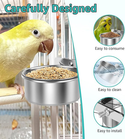 8 PCS Stainless Steel Bird Feeding Bowls, Bird Water Bowls with Clamp Holder, Parrot Food Dish Cups,Parrot Cage Coop Feeders for Cockatiels,Conure,Budgies,Finches,Parakeet and Similar Birds