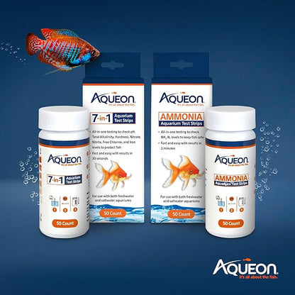 Aqueon 7-in-1 Aquarium Test Strips, Fast Results for pH, Total Alkalinity, Hardness, Nitrate, Nitrite, Free Chlorine and Iron Levels, for Freshwater and Saltwater, 50 Count
