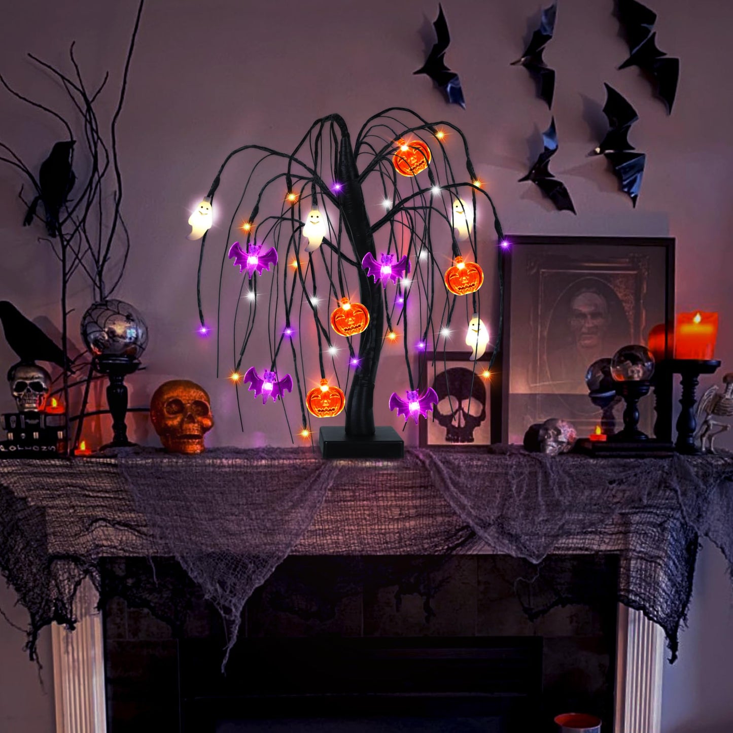 Halloween Table Decorations 18 Inch 36 LED Halloween Willow Tree with Pumpkin Bat Ghost Lights, Timer/USB/Battery Operated Black Halloween Tree Spooky Halloween Decorations Indoor Home Party Room Gift