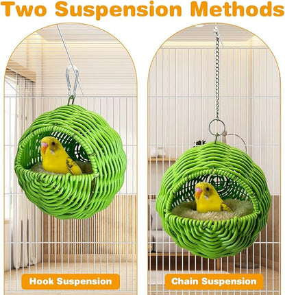 Rattan Birds Nest for Cage Hanging Parakeet House Chewproof Parrot Breeding Bed Small Budgies Hideout Swing Hut Bird Cage Accessories for Lovebirds Cockatiel Conure Finch Canary (Green)