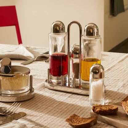 Alessi | 5070 - Design Condiment Set for Oil, Vinegar, Salt and Pepper in 18/10 Stainless Steel and Crystalline Glass