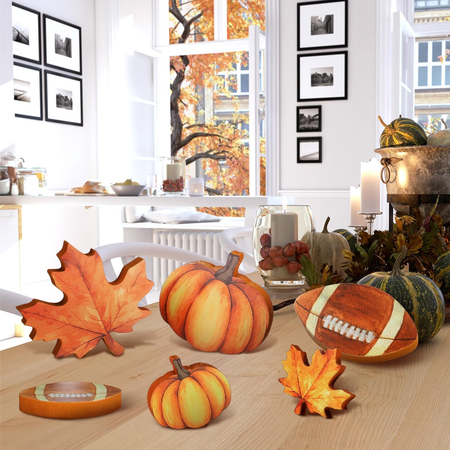 Bencailor 12 Pcs Fall Table Decor Wooden Pumpkins Maple Leaf Fall Football Tiered Tray Decor Thanksgiving Centerpiece Autumn Football Decorations for Home Kitchen Desk Office Party