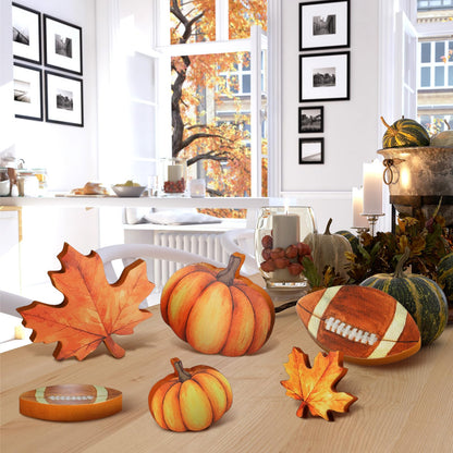 Bencailor 12 Pcs Fall Table Decor Wooden Pumpkins Maple Leaf Fall Football Tiered Tray Decor Thanksgiving Centerpiece Autumn Football Decorations for Home Kitchen Desk Office Party