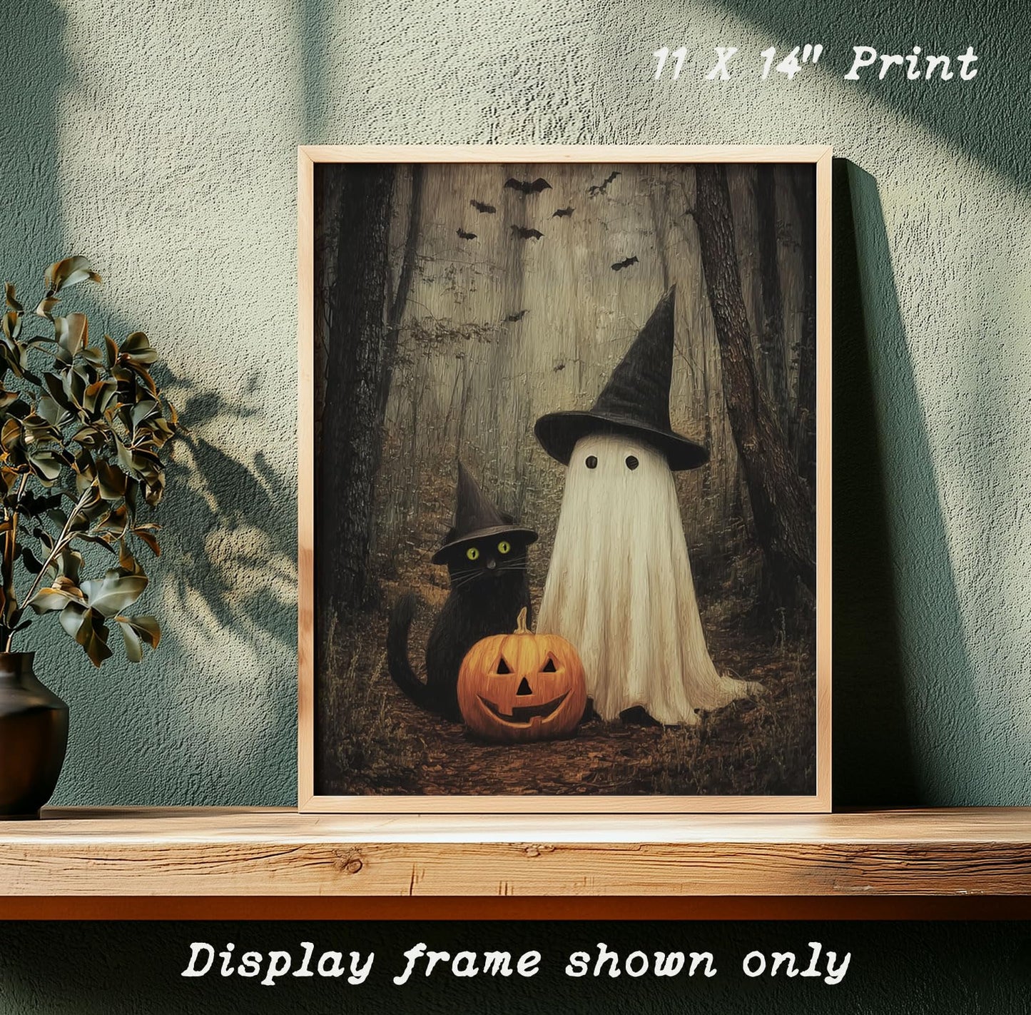 Japrex Ghost and Black Cat in Forest Wall Art Print, Spooky Halloween Art, Whimsigoth Wall Decor, Dark Academia Print, Farmhouse Halloween Decor, Fall Season Art (11 x 14 inch)