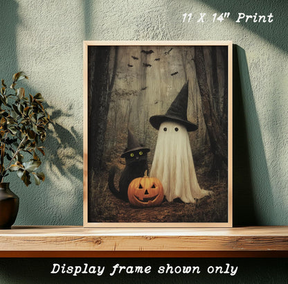 Japrex Ghost and Black Cat in Forest Wall Art Print, Spooky Halloween Art, Whimsigoth Wall Decor, Dark Academia Print, Farmhouse Halloween Decor, Fall Season Art (11 x 14 inch)