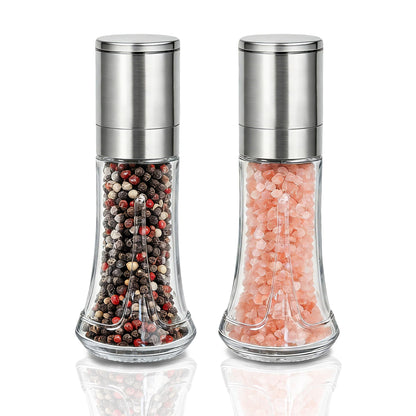 Aelga Salt and Pepper Grinder Set - 4oz Glass Manual Pepper Mill with 5-Level Adjustable Coarseness, Refillable Salt Grinder for Kitchen, Modern Kitchen Gift Set with Silicone Funnel
