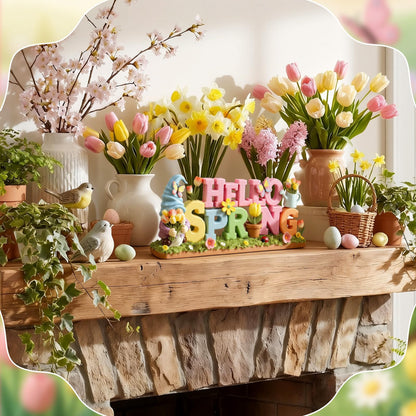 Simgoing 1 Pack Hello Spring Table Decoration Resin Spring Gnome Decorations for Home Pastel Flower Table Sign Festive Floral Statue Tabletop Centerpiece for House Tabletop Tiered Tray Fireplace Decor