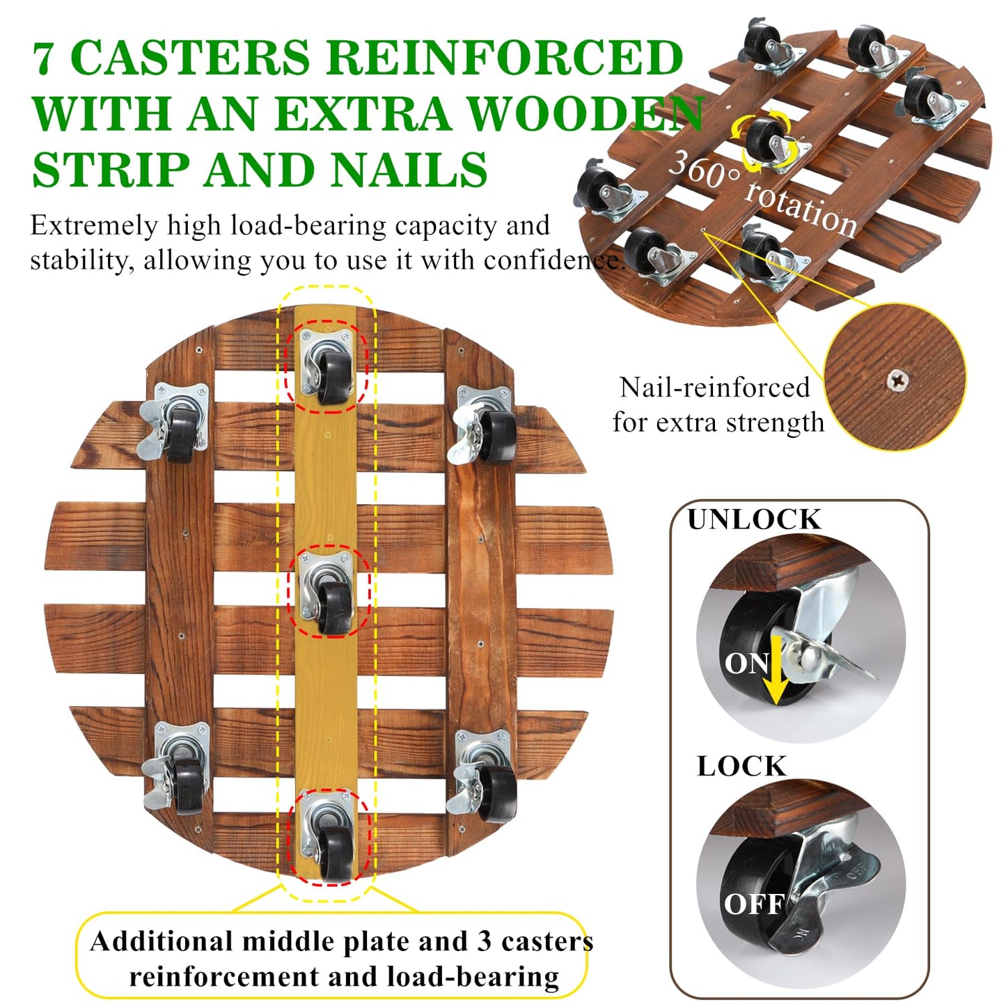 2 Pack 16" Plant Caddy with 7 Wheels, Rolling Plant Stand 500 LB Heavy Duty Wooden Round Plant Dolly with Metal 360° Lockable Caster Wheels for Outdoor Indoor Large Plant Pots, Flower Pot, Patio