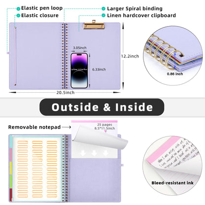 Ospelelf Foldable Spiral Clipboard Folio with Storage Zipper Pouch, 5 Plastic Folders with 10 Pockets, Refillable Lined Notepad (11" x 8.5"), Linen Hardcover Project Organizer (Light Purple)