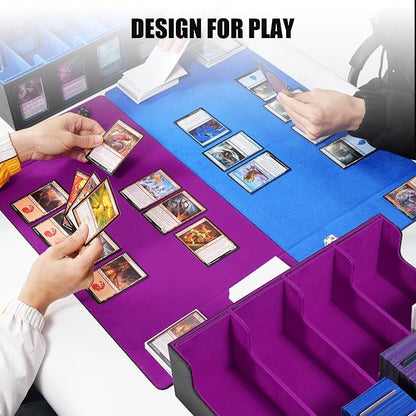 Trading Card Storage Box with Commander Display , 4-Row Deck Case with Removable Lid; 2400+ Card Deck Box for MTG TCG Sports Card, 4 Top Loaders, 4 Stoppers, 24 Dividers,1 Dice Bag (Black Purple)