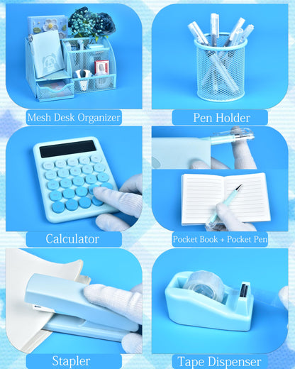 23pc Blue Desk Accessories and Organizers with Mesh Organizer Stapler Tape Dispenser Calculator and a Lot of Office Purple Office Supplies Beautifully Presented in a Gift Box