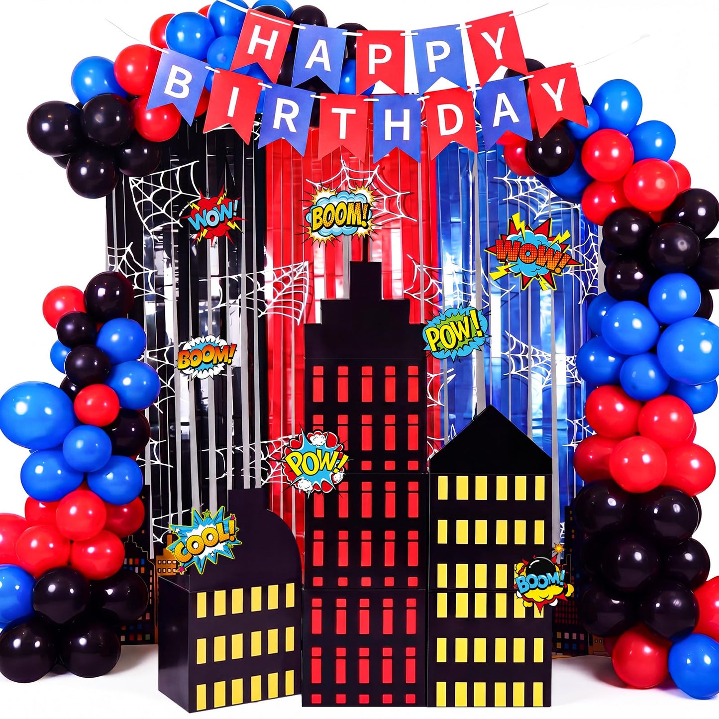 Sliner 47 Pcs Spider Web Birthday Decorations, Tinsel Foil Fringe Curtains Balloons Skyscraper City Boxes set, Spider Party Supplies Red Black Blue Photo Booth Prop Backdrop Streamer, Backdrop Decor