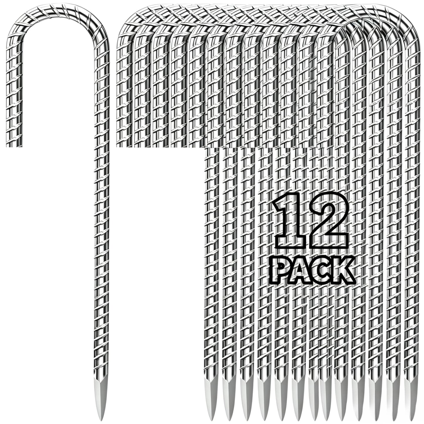 Homwin 12 inches Tent Stakes Heavy Duty 12-Pack, 5/16" Diameter J Hook Fence Stakes Rebar Ground Stake for Inflatables, Tarp, Yard Lawn Outdoor Decoration