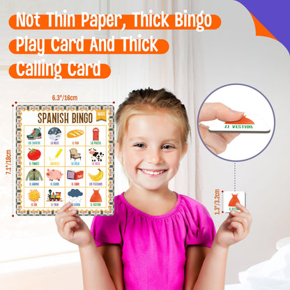 SpriteGru Spanish Bingo Game, 25 Bingo Board Spanish & English Vocabulary Word Game Bilingual Educational Toys for Language Learning - Ages 5 and up (Up to 25 Players)